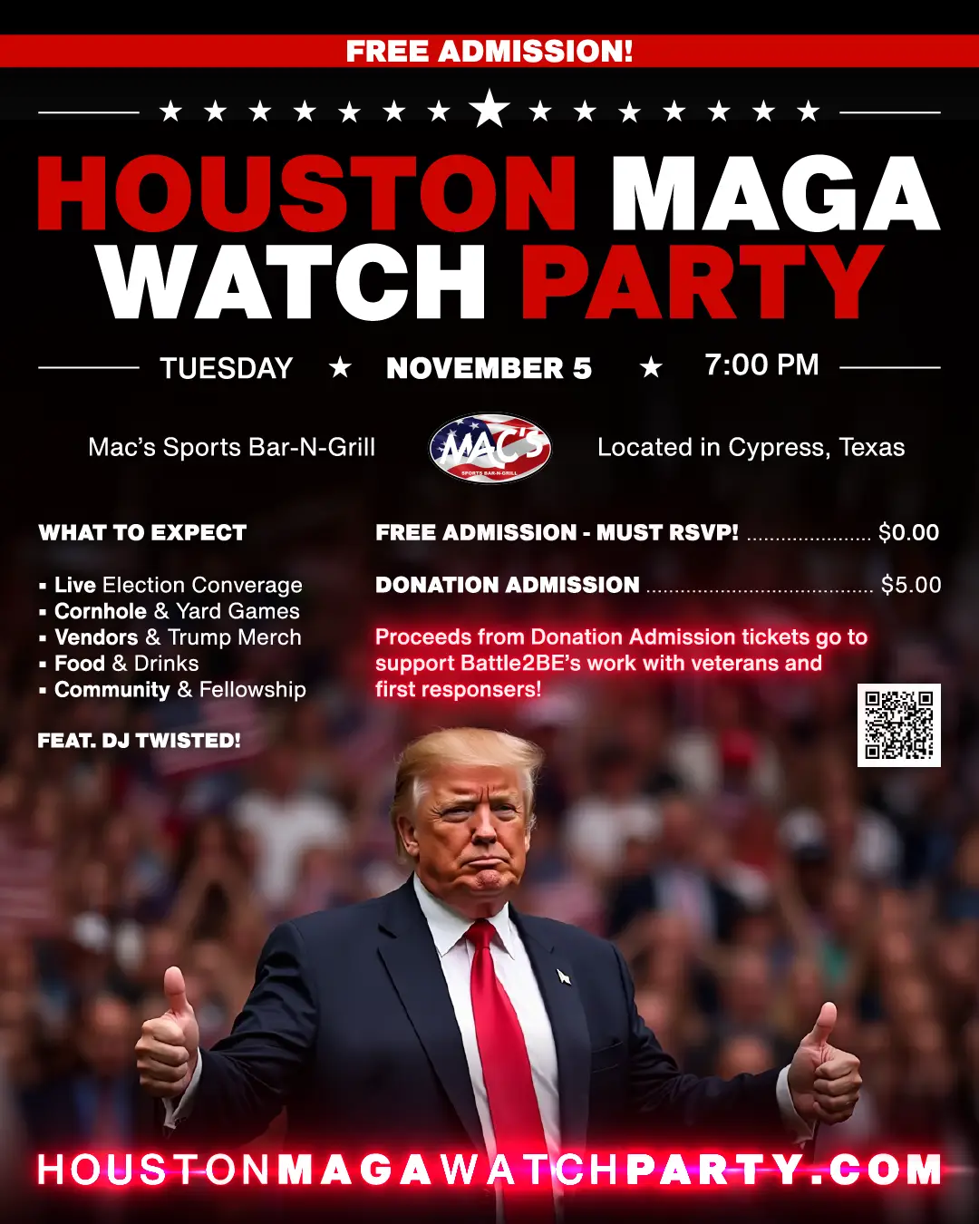 Free Admission - Houston MAGA Watch Party Flyer